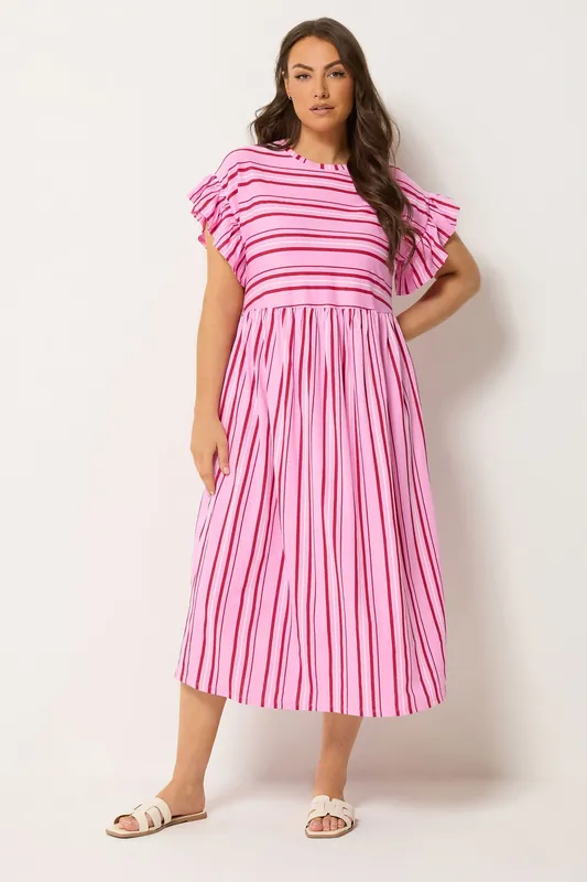 Stripe Frill Sleeve Midi Dress - Yours
