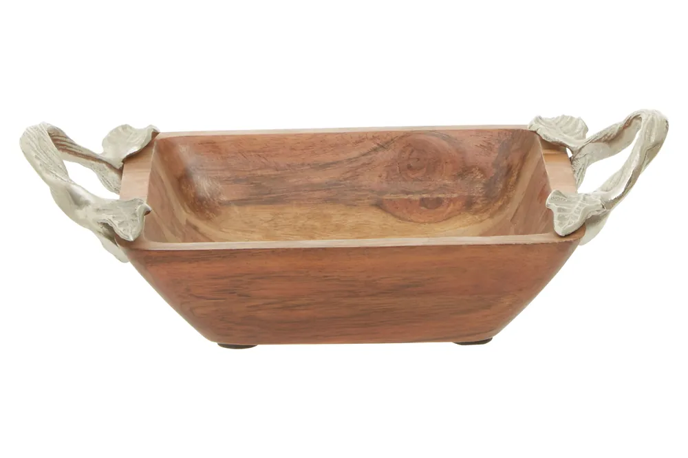Acacia Wood Square Bowl, Artisan Wooden Fruit Tray With Leaf-Style Metal Grips, Natural Grain Display Bowl