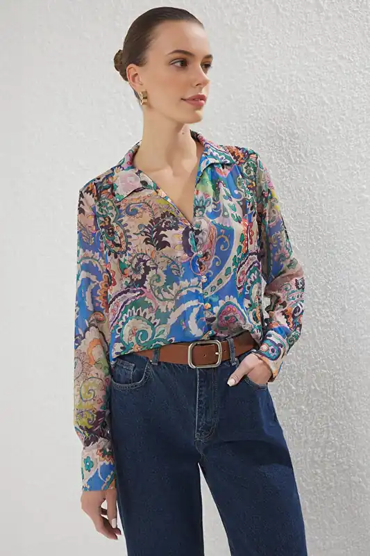 Oversized Patterned Lightweight Chiffon Shirt - WOVCOR