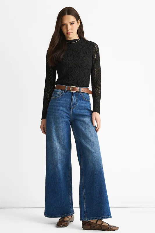 Blue Mid Rise Wide Leg Jeans - Gini London