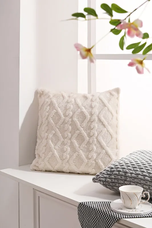 White Jacquard Plush Square Throw Pillow Sofa Cushion , Filled with 500g PP Cotton - Living and Home
