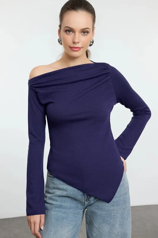 Draped Boat Neck Asymmetrical Long Sleeve Knit Blouse - WOVCOR