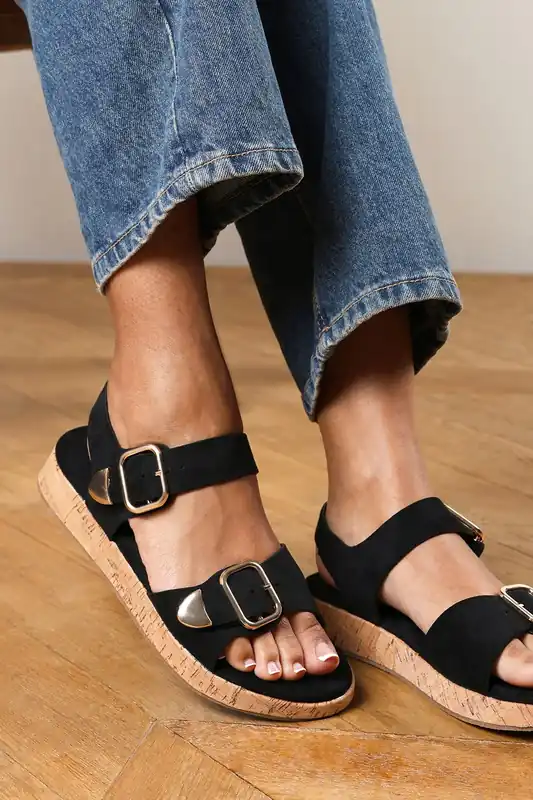 Cevina' Low Wedge Sandals with Dual Buckle Closure Straps - Where's That From