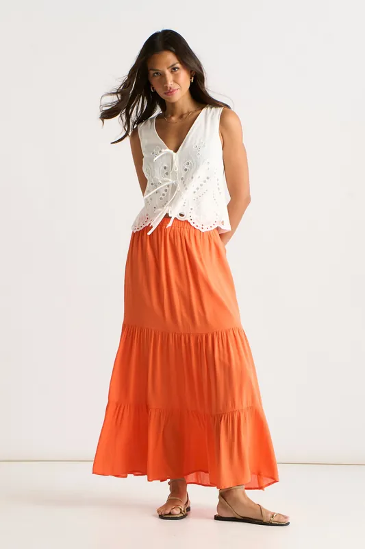 Orange Viscose Tiered Skater Maxi Skirt - Gini London
