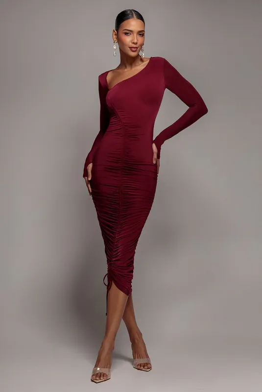 Asymmetrical Neck Ruched Midi Dress - Goddiva