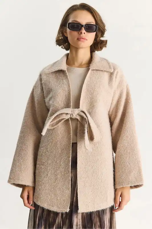 Textured Oversized V-Neck Tie Closure Cardigan