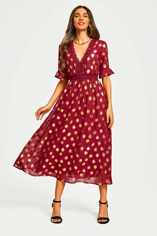 Gold Foil Lace Trim V Neck Midi Dress In Wine - FS Collection