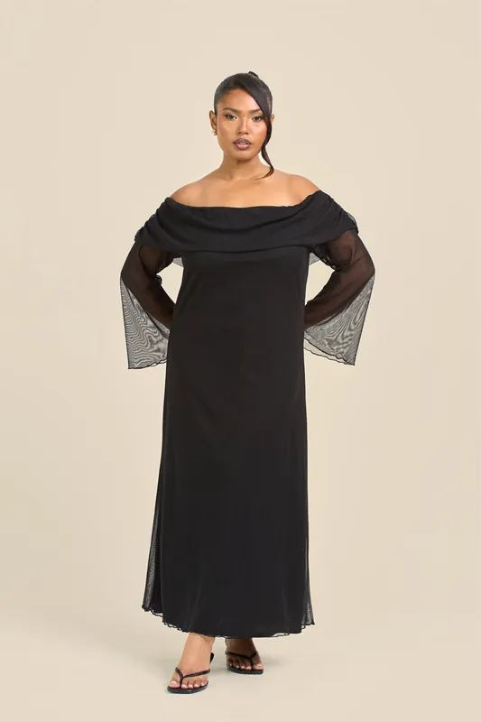 Curve Bardot Plain Mesh Midaxi Dress - FASHION-SZN