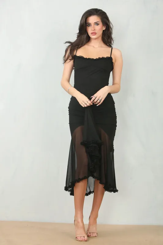 Ruched Bodycon Mesh Classic Party Midi Dress - AVINCI