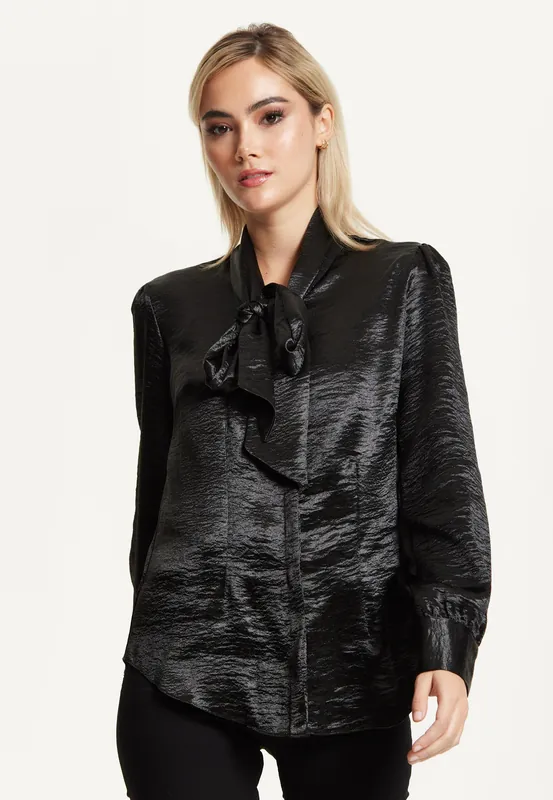 Black Satin Pussy-Bow Blouse