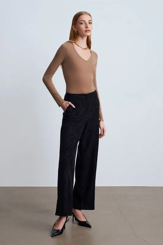 High-Waist Wide-Leg Faux Suede Trousers