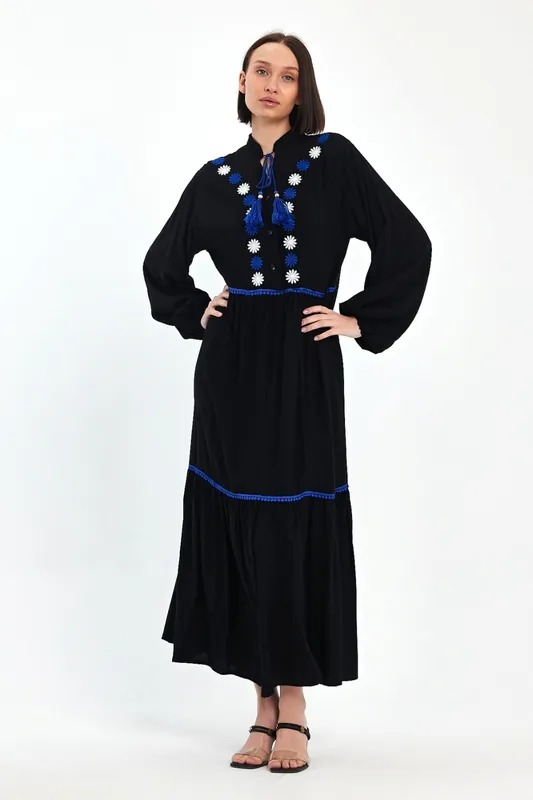 Embroidered Maxi Dress with Tassel Tie in Black - Belissh