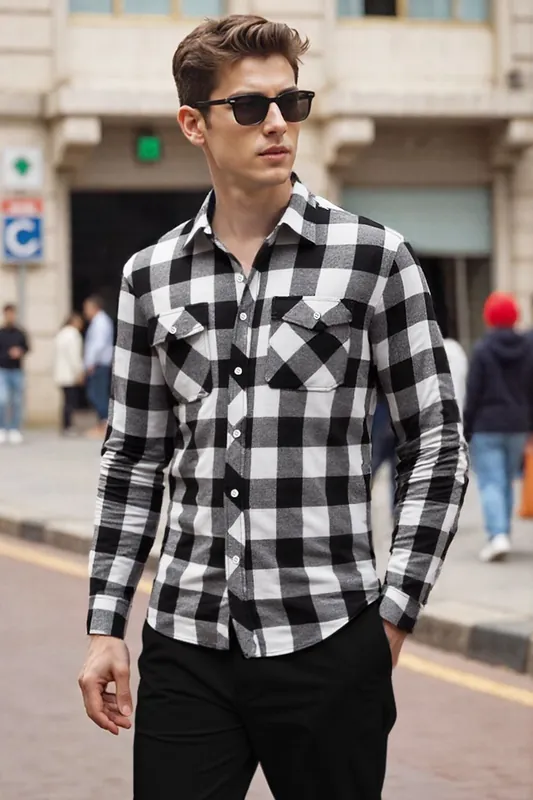 Flannel Plaid Shirt with Turn-Down Collar