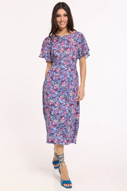 Blue Floral Flutter Sleeve Midi Dress - Liquorish