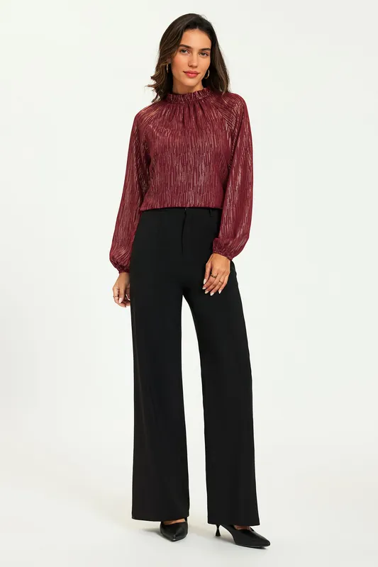 Gold Stripe Foil Long Sleeve Frill High Neck Top In Wine - FS Collection