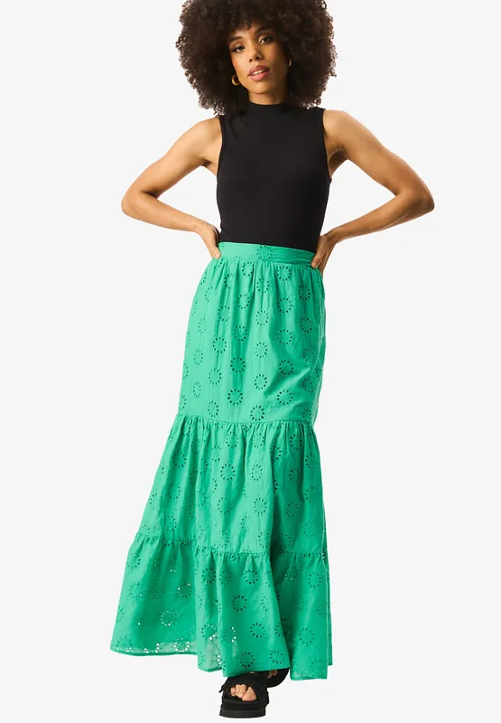 Green Tiered Lace Embroidered Long Skirt - Gini London