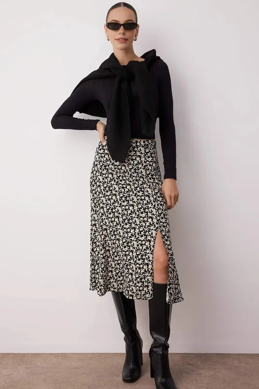 Floral Print Midi Skirt with Side Slit - WOVCOR