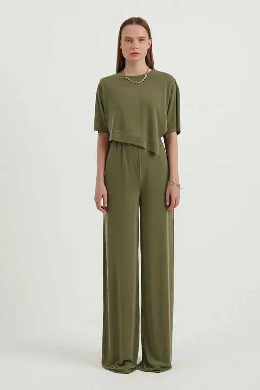 Round Neck Asymmetrical Crop Top & High Waist Relaxed Fit Trousers - Hiccup