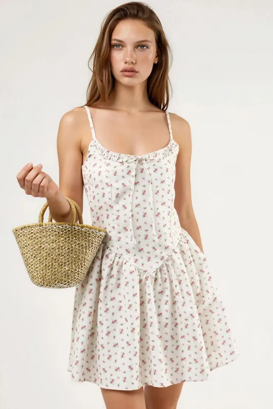 Floral U Collar Mini Dress with Tie Detail - Busem
