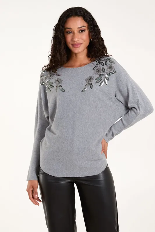 Sequin Flower Detail Batwing Jumper - Blue Vanilla