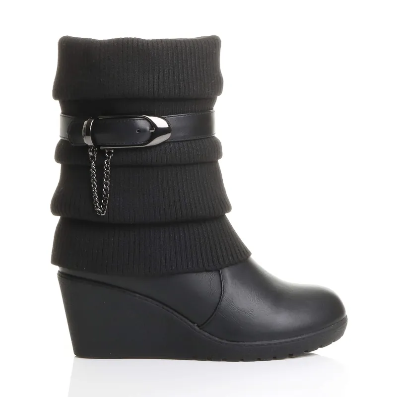 Mid Wedge Heel Slouch Ankle Boots - AJVANI