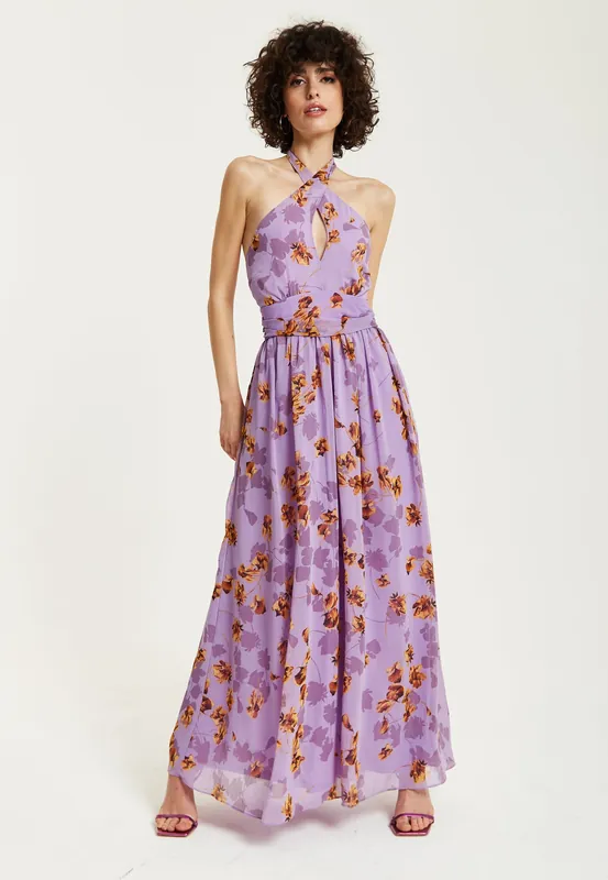 Purple Floral Halter Neck Dress - Liquorish