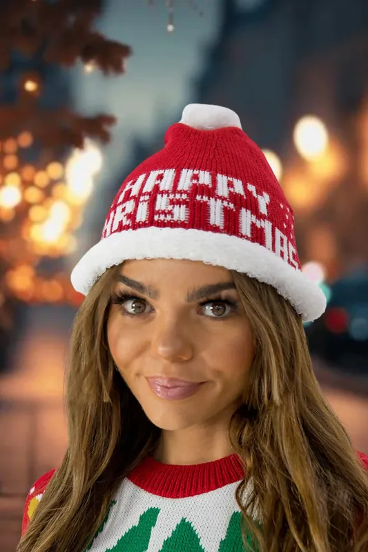 Red Happy Christmas' Knitted Santa Cap - Femme Luxe