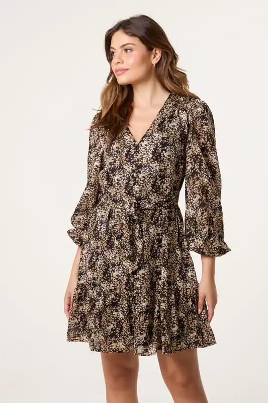 Black Button Up Belted Chiffon Mini Dress - Blue Vanilla