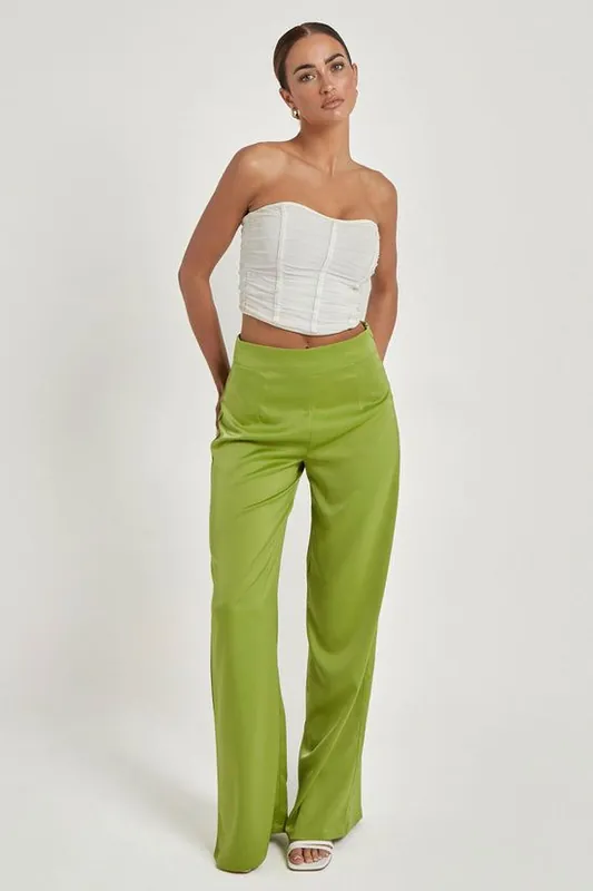 Green Satin Wide Leg Trouser - Urban Bliss