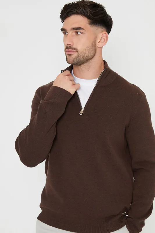 Hazelbank' Cotton Blend Knitted Quarter Zip Jumper - Threadbare