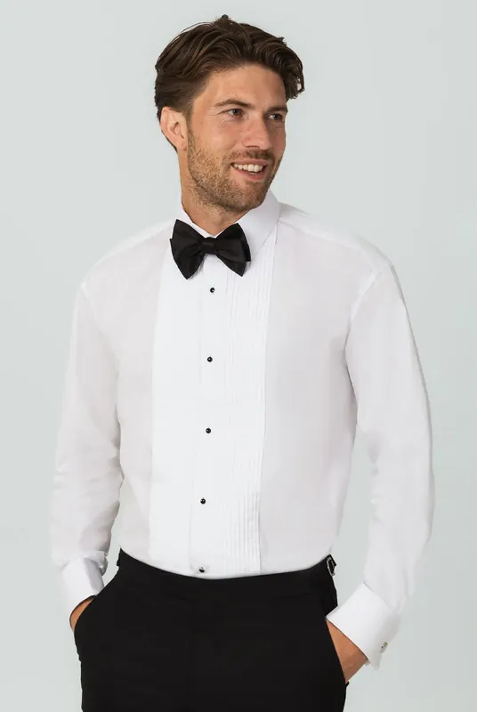 100% Cotton Standard Collar Stud Button Pleated Front Dress Shirt - Dobell