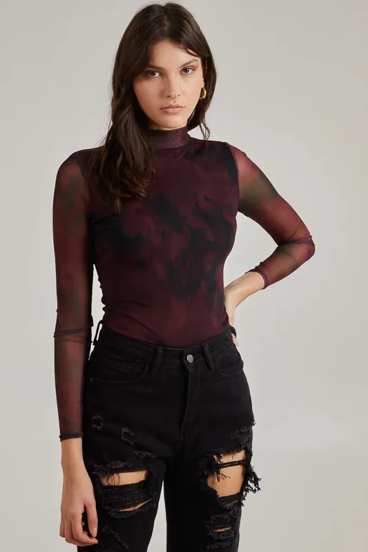 Smudge Print Long Sleeve Mesh Bodysuit - Pink Vanilla