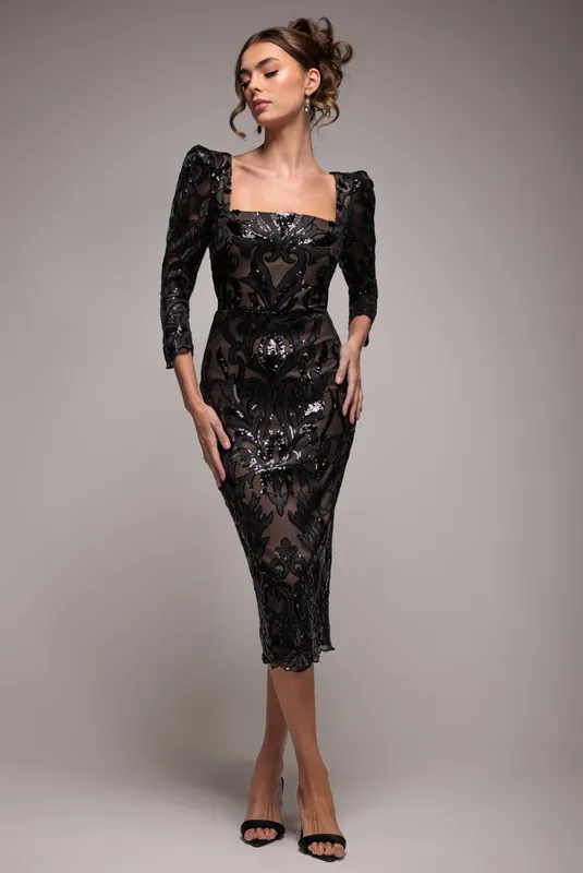 Square Neck Scalloped Lace Midi Dress - Goddiva
