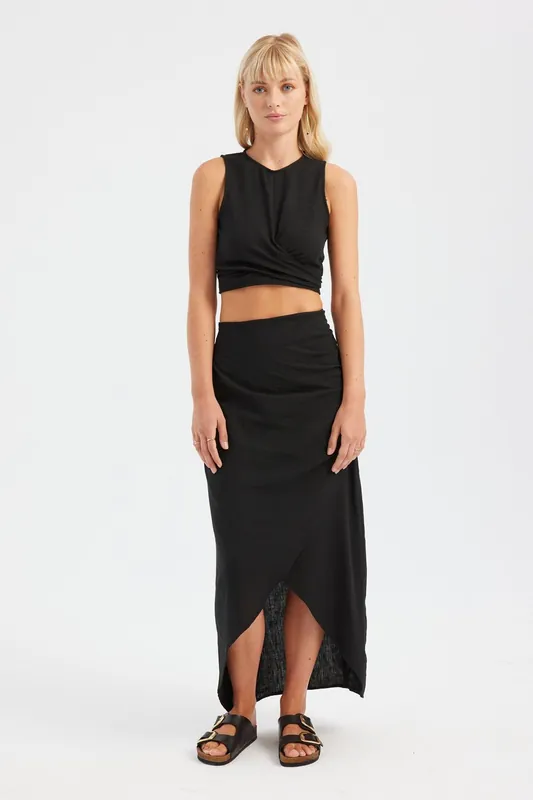 2 Pieces: Crew Neck Ruched Crop Top & High Waist Slit Maxi Skirt - Hiccup