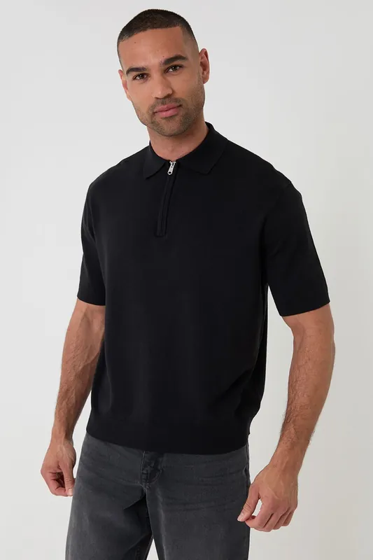 Relaxed Fit Knitted Quarter Zip Polo - Threadbare
