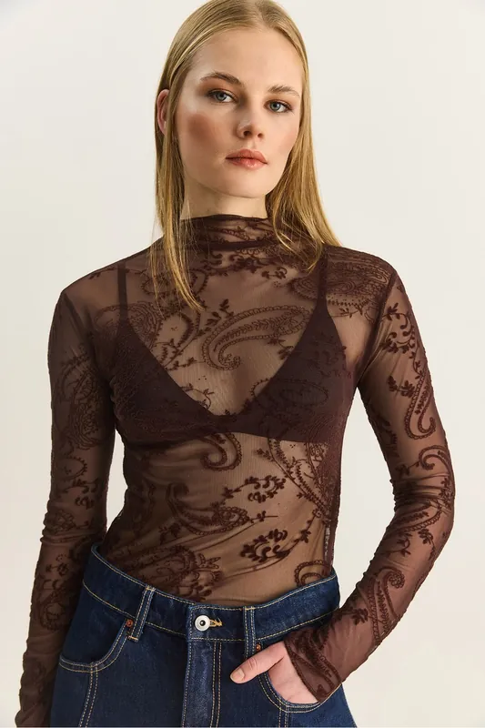 Paisley Print Cut-Out Half Turtleneck Blouse