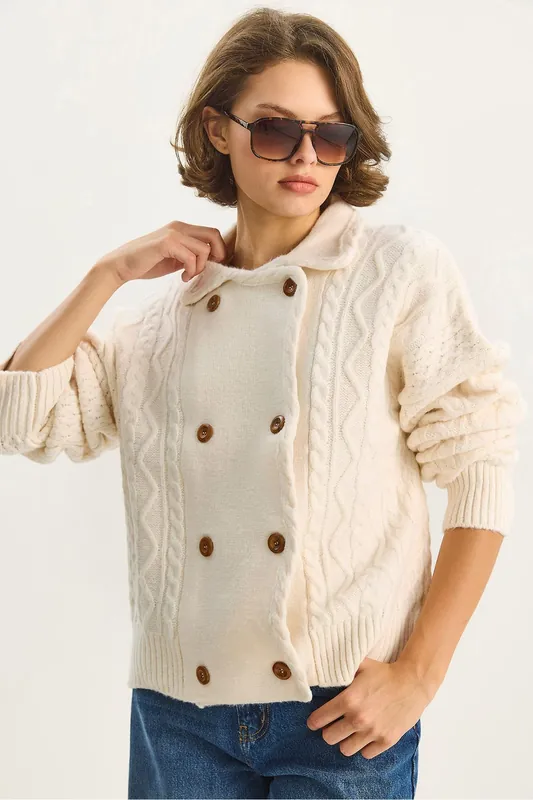 Textured Ribbed Knit Cardigan with Button Closure - Bianco Lucci