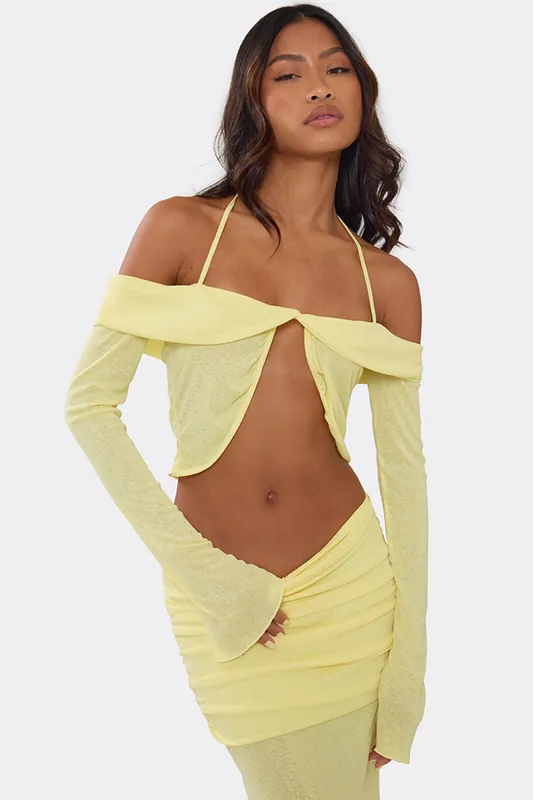 Long Sleeve Halter Neck Knotted Tie Crop Top - EGO