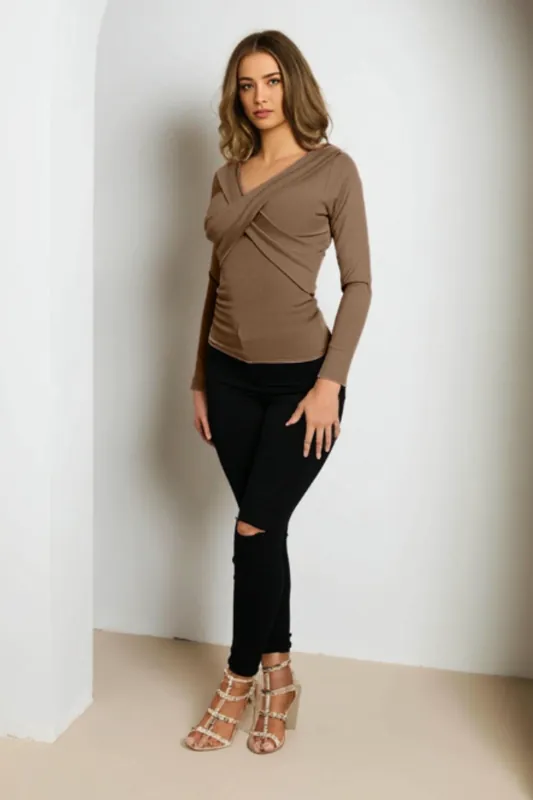 Rib V Front V Back Long Sleeve Top - Femme Luxe