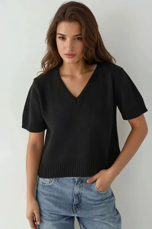 V-Neck Short Sleeve Knit Sweater