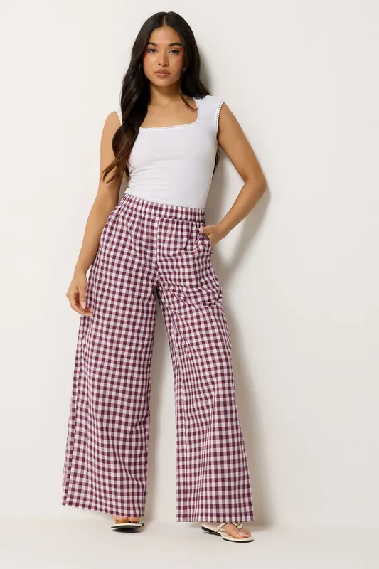 Petite Gingham Cotton Wide Leg Trousers - PixieGirl