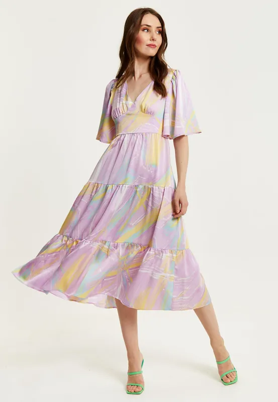 Abstract Zebra Print Midi Dress in Lilac with Kimono Sleeves - Liquorish