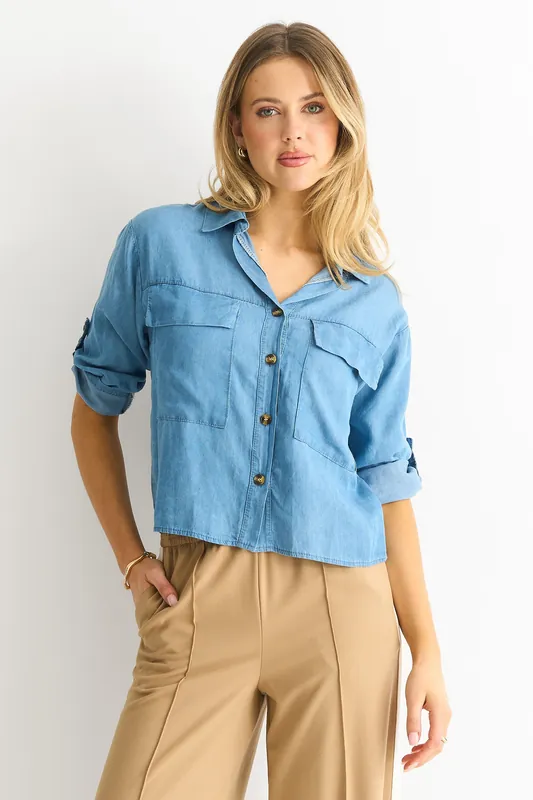 Blue Denim Look Oversized Boxy Shirt - Gini London