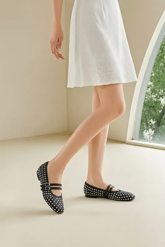 Rhinestones Double Strap Mary Jane Flats Shoes - MODISHION