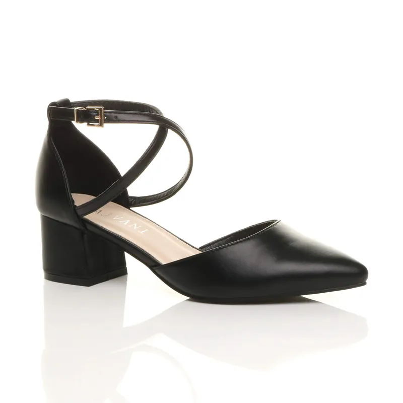 Mid Block Heel Crossed Strap Pointed Toe 2 Part Heels - AJVANI