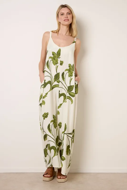 Green Floral Print Wide Leg Jumpsuit - Blue Vanilla