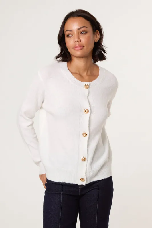 Ivory Gold Flower Buttons Cardigan - Blue Vanilla