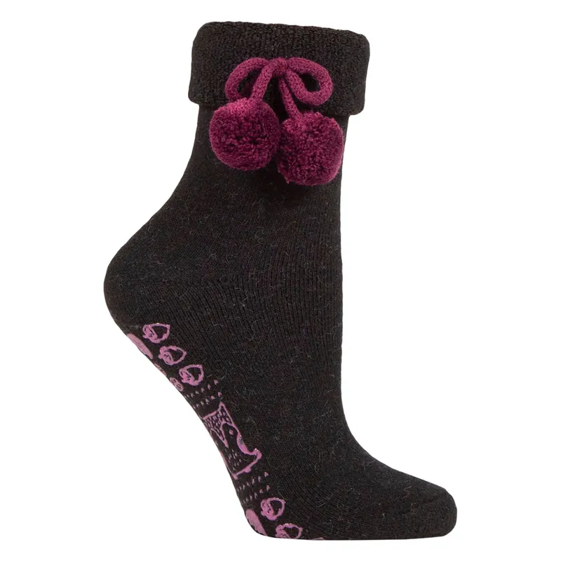 1 Pair Wool Mix Slipper Socks with Pom Pom - Warm Soft Cosy Comfort