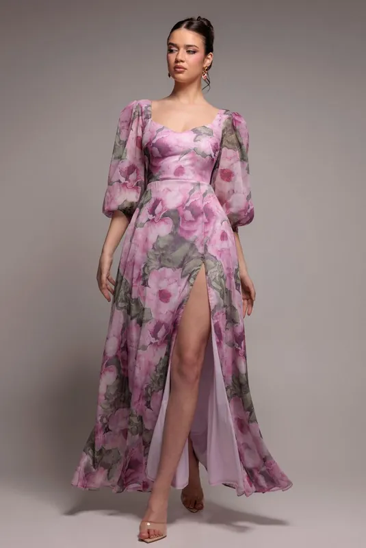 Puff Sleeve A-Line Printed Chiffon Maxi Dress With Split