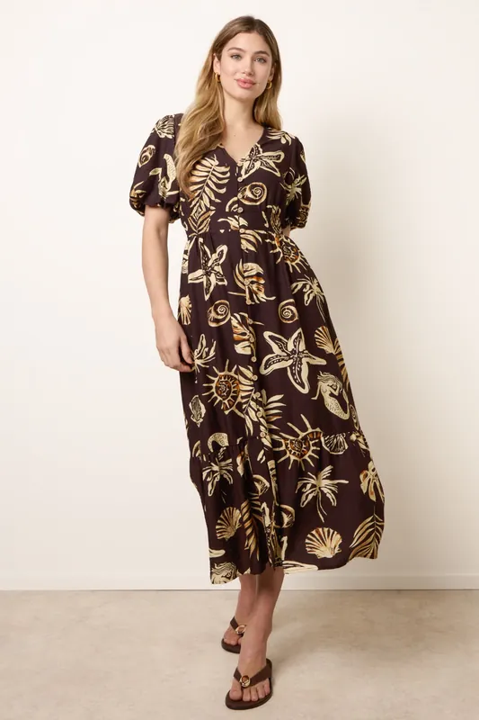 Brown Tropical Button Through Midi Dress - Blue Vanilla